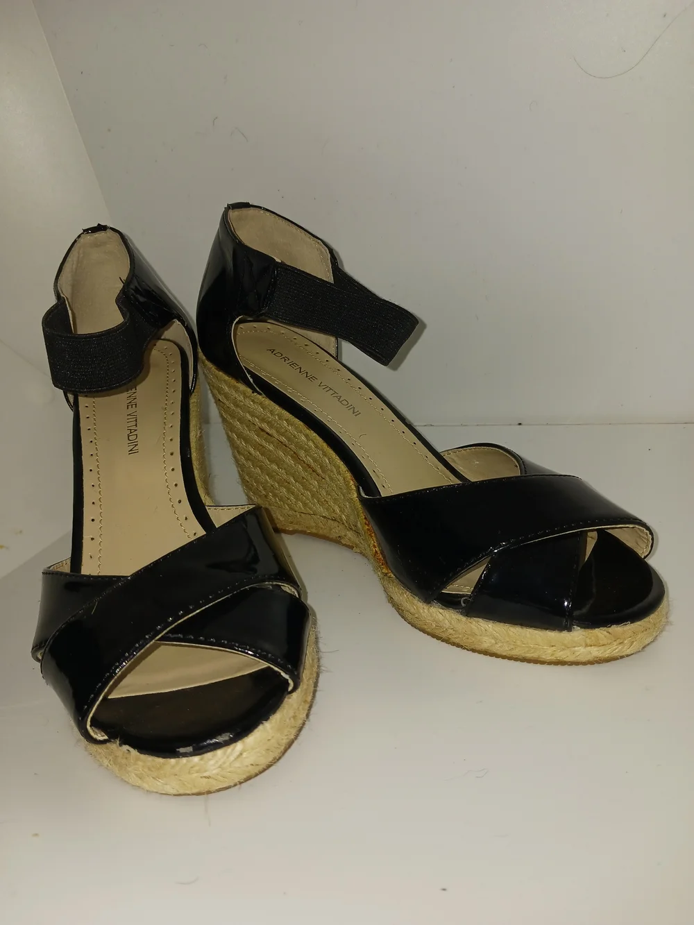 Adrienne Vittadini Black Patent Espadrille Wedge Sandals